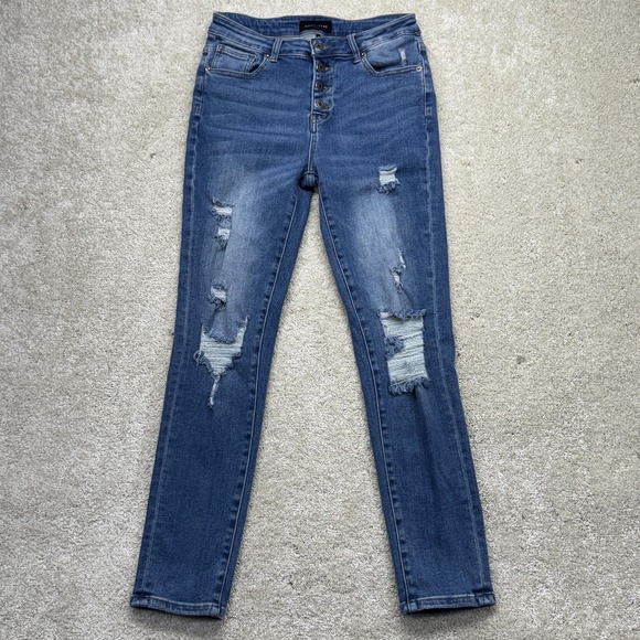 Risen Jeans Denim - Risen Jeans Jeans Womens 5/27 Blue High Rise Distressed Button Fly‎ Skinny Denim